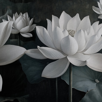 Fototapet floral cu lotus alb pe fundal negru într-un living modern