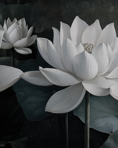 Fototapet floral cu lotus alb pe fundal negru într-un living modern