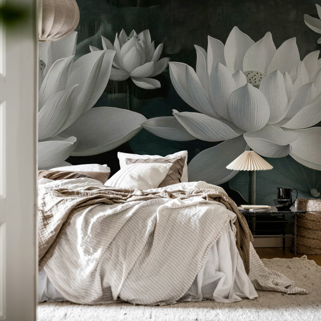 Fototapet floral cu lotus alb pe fundal negru într-un living modern