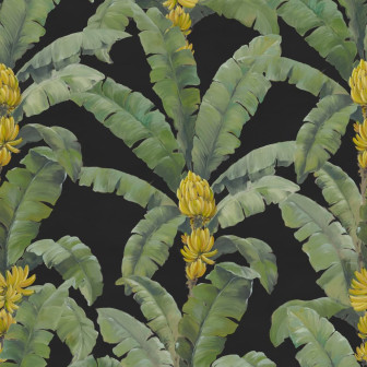 Tapet cu frunze de bananier negru și galben într-un living modern