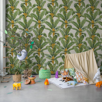 Tapet cu frunze de banane albe, decor tropical