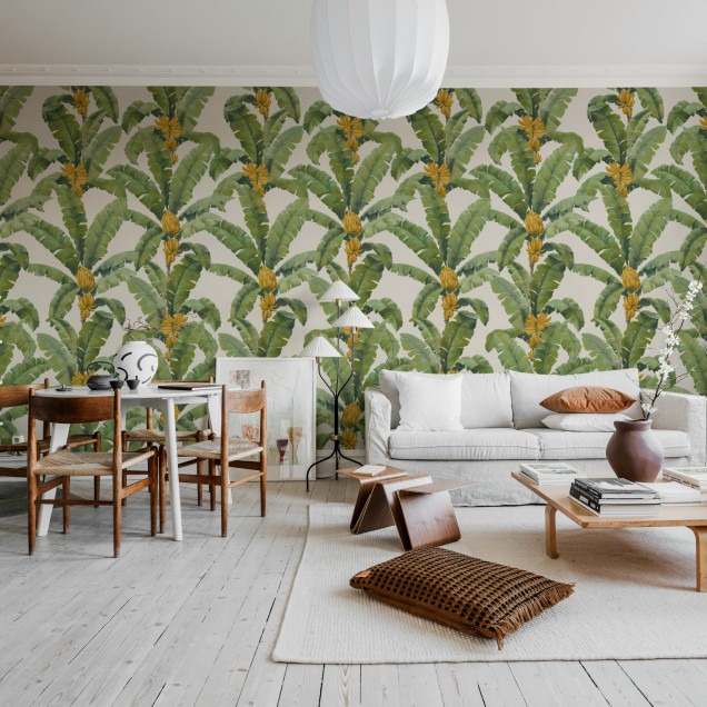 Tapet cu frunze de banane albe, decor tropical