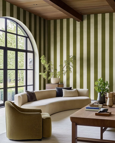 Tapet cu dungi verzi într-un living elegant