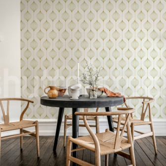 Tapet cu model retro floral, nuanțe muștar, ambient dining room