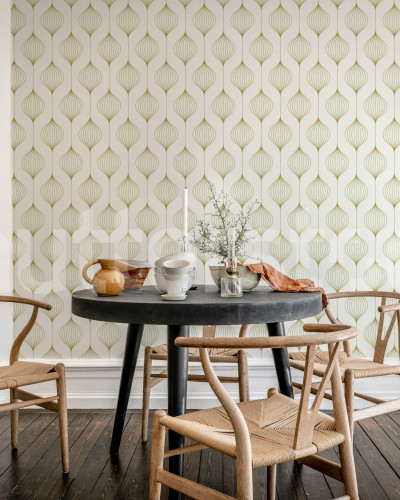Tapet cu model retro floral, nuanțe muștar, ambient dining room