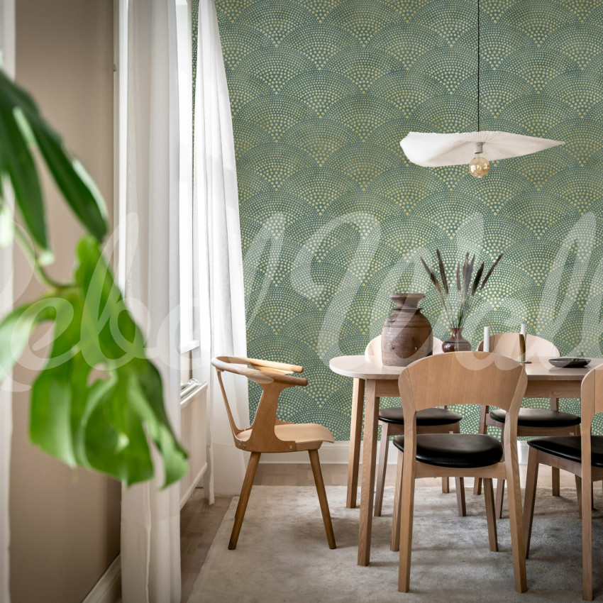 Tapet cu model abstract în nuanțe de maro, într-un living modern