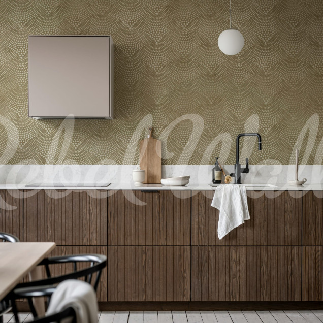 Tapet bej cu model evantai într-un living modern