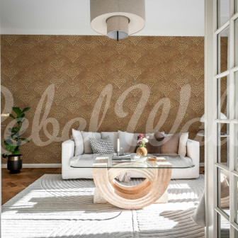 Tapet cu model abstract în nuanțe de maro, într-un living modern