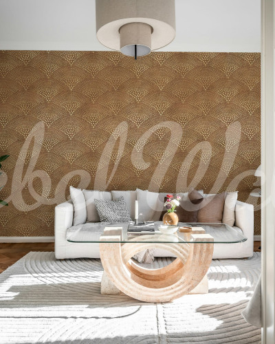 Tapet cu model abstract în nuanțe de maro, într-un living modern