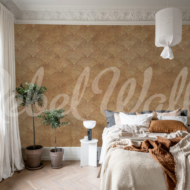 Tapet cu model abstract în nuanțe de maro, într-un living modern