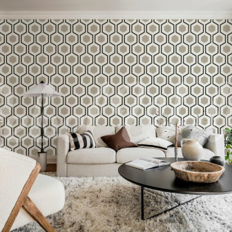 Tapet cu model geometric de hexagoane gri într-un living modern