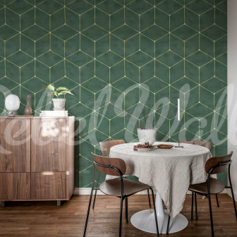 Tapet geometric verde cu design modern într-o cameră de zi