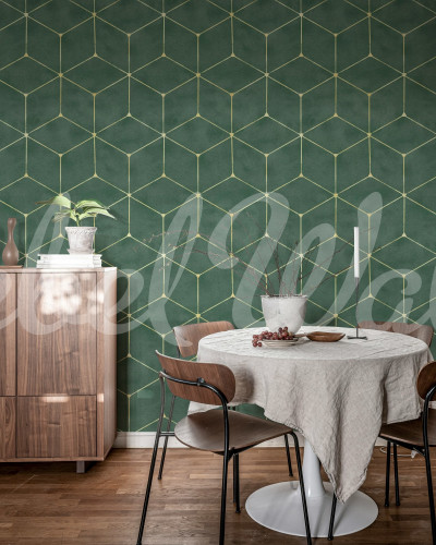 Tapet geometric verde cu design modern într-o cameră de zi