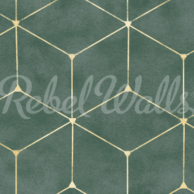 Tapet geometric verde cu design modern într-o cameră de zi