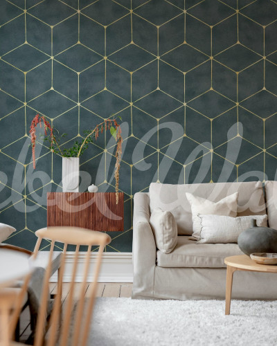 Tapet cu model geometric albastru și auriu