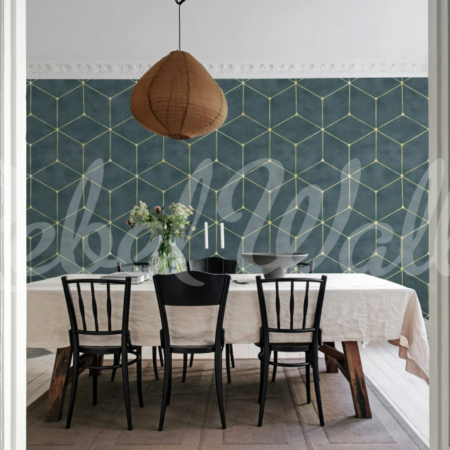 Tapet cu model geometric albastru și auriu