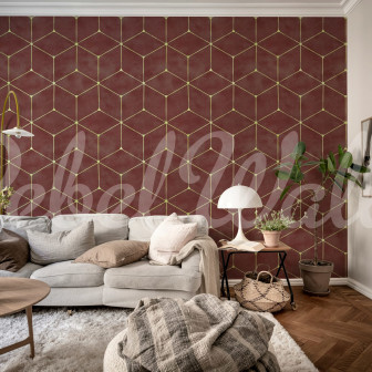 Tapet geometric burgundia cu design hexaeder într-o cameră de zi