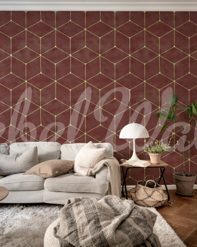 Tapet geometric burgundia cu design hexaeder într-o cameră de zi