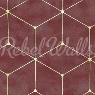 Tapet geometric burgundia cu design hexaeder într-o cameră de zi