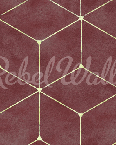 Tapet geometric burgundia cu design hexaeder într-o cameră de zi