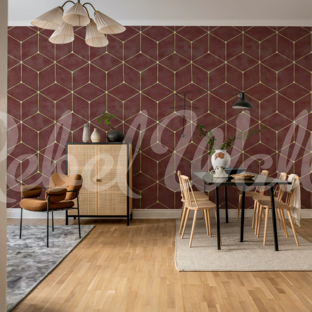 Tapet geometric burgundia cu design hexaeder într-o cameră de zi