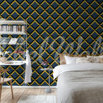 Tapet cu model geometric albastru închis, auriu și negru într-un dormitor