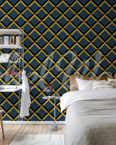 Tapet cu model geometric albastru închis, auriu și negru într-un dormitor