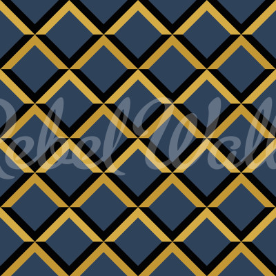 Tapet cu model geometric albastru închis, auriu și negru într-un dormitor