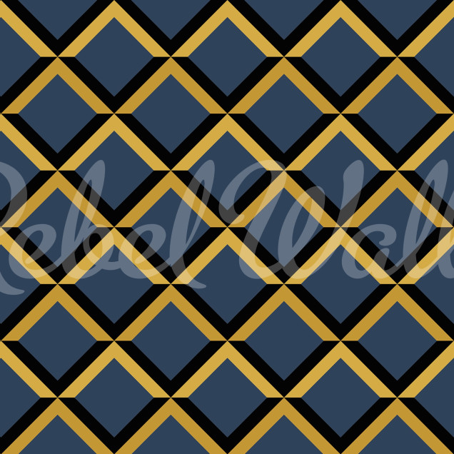 Tapet cu model geometric albastru închis, auriu și negru într-un dormitor