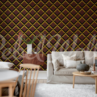 Tapet geometric burgundy și auriu într-un living elegant