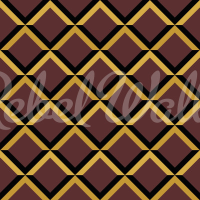 Tapet geometric burgundy și auriu într-un living elegant