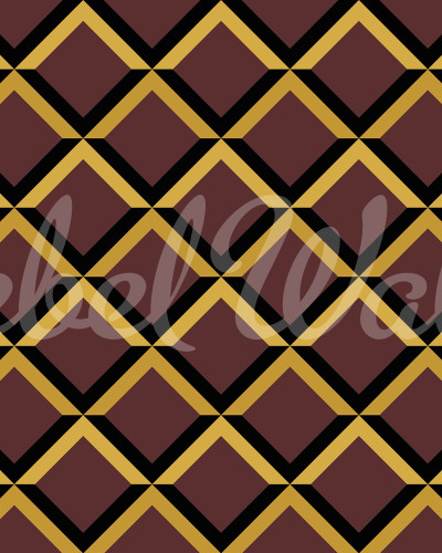 Tapet geometric burgundy și auriu într-un living elegant