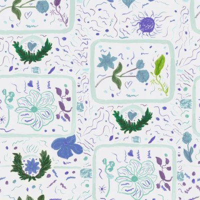 Tapet floral cu motive delicate lila și turcoaz într-o cameră decorată