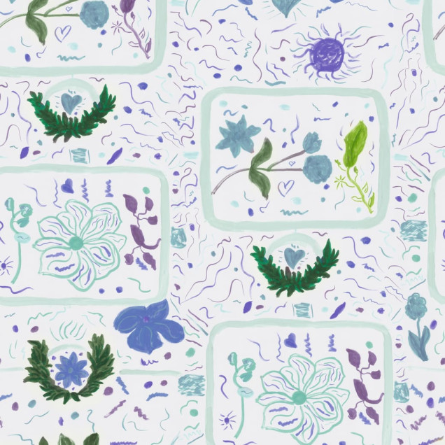 Tapet floral cu motive delicate lila și turcoaz într-o cameră decorată