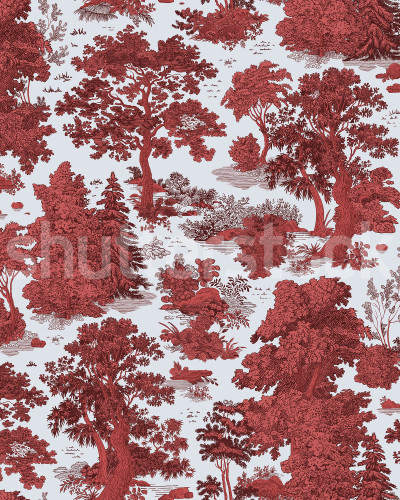 Tapet roșu cu design Toile de Jouy într-un living elegant