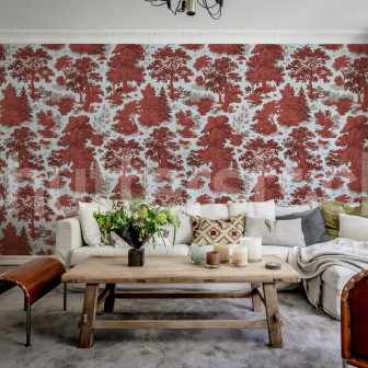 Tapet roșu cu design Toile de Jouy într-un living elegant