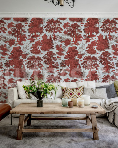 Tapet roșu cu design Toile de Jouy într-un living elegant