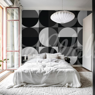 Tapet cu model geometric alb-negru în dormitor
