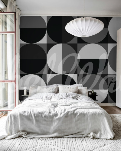Tapet cu model geometric alb-negru în dormitor