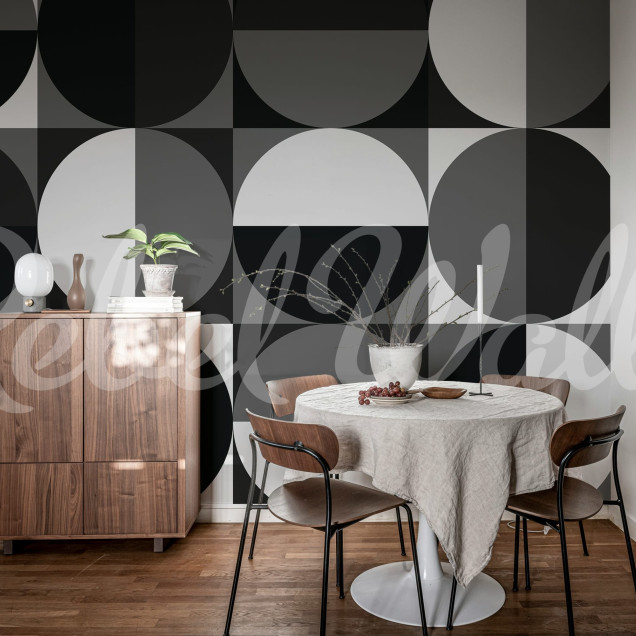 Tapet cu model geometric alb-negru în dormitor