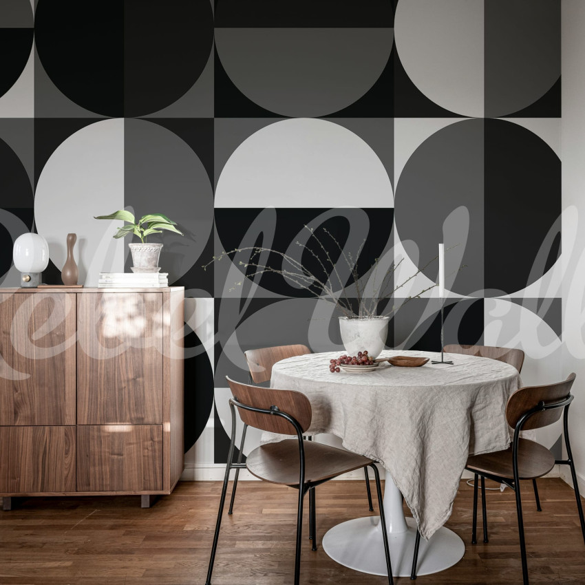 Tapet geometric maro cu model de cercuri într-o sufragerie modernă.