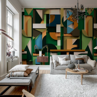 Tapet geometric multicolor într-un living modern