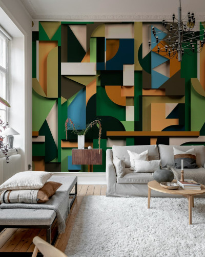 Tapet geometric multicolor într-un living modern