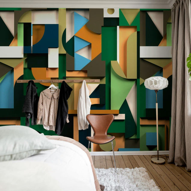 Tapet geometric multicolor într-un living modern