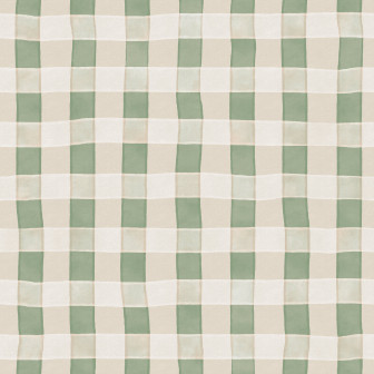 Tapet cu model gingham verde deschis într-un dormitor.