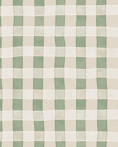 Tapet cu model gingham verde deschis într-un dormitor.