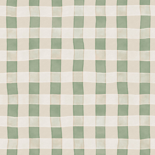 Tapet cu model gingham verde deschis într-un dormitor.
