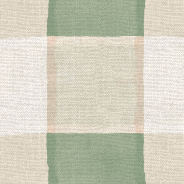 Tapet cu model gingham verde deschis într-un dormitor.