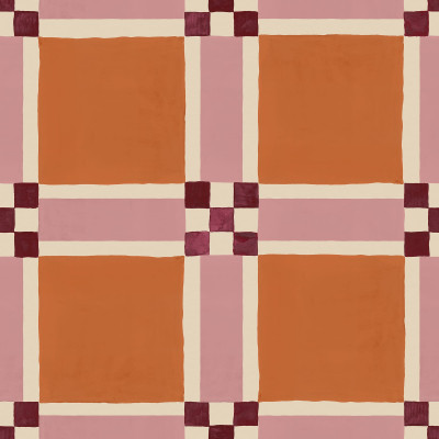 Tapet geometric portocaliu și roz într-o cameră decorată modern