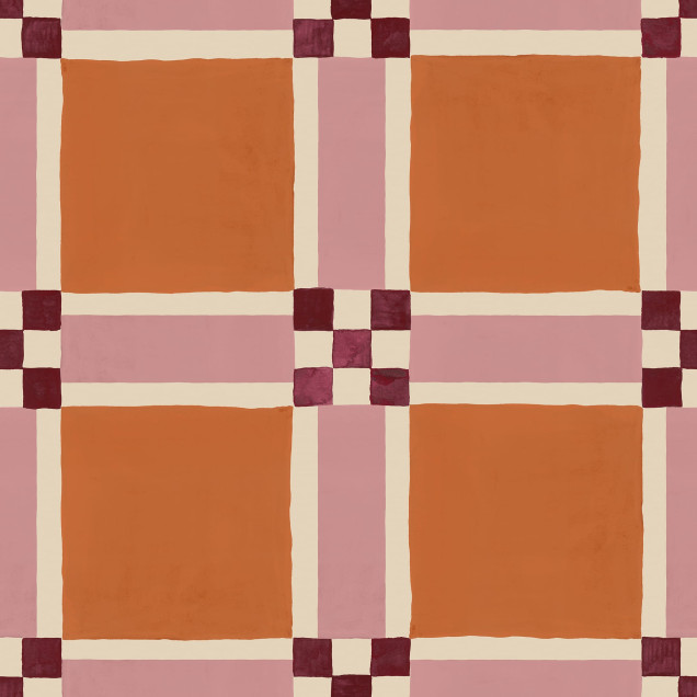 Tapet geometric portocaliu și roz într-o cameră decorată modern